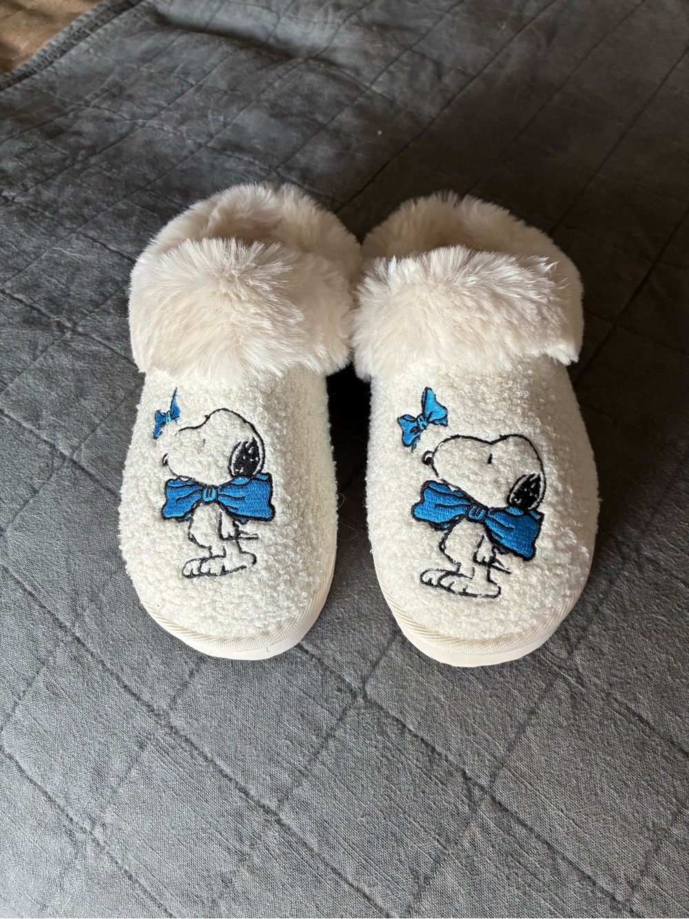 Snoopy Fuzzy Slide Slippers with Blue Bow